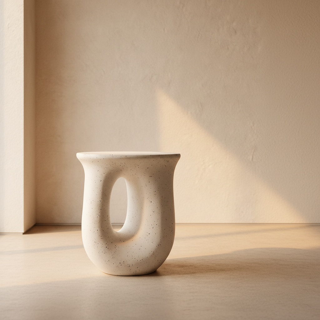 Pale terrazzo garden stool with a looped cut-out