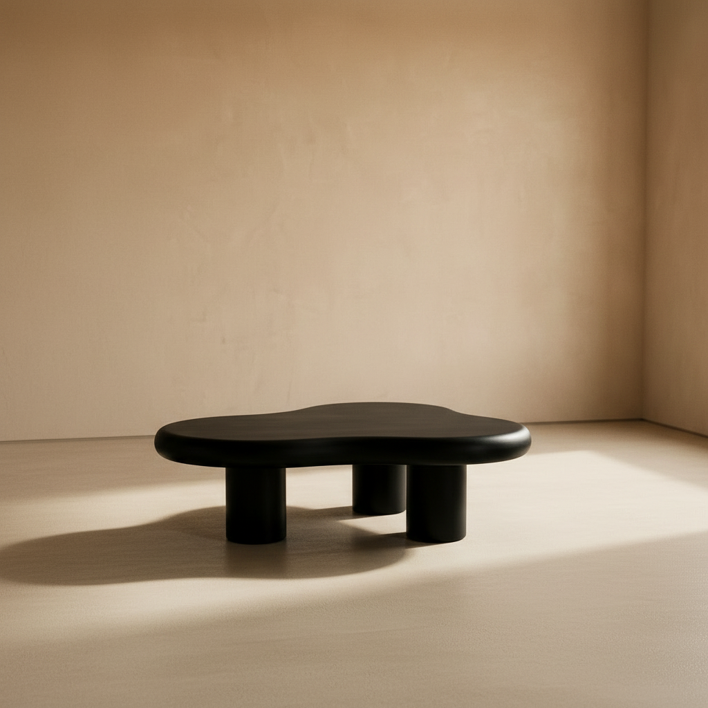 Black cloud-shaped coffee table in a plaster room at golden hour