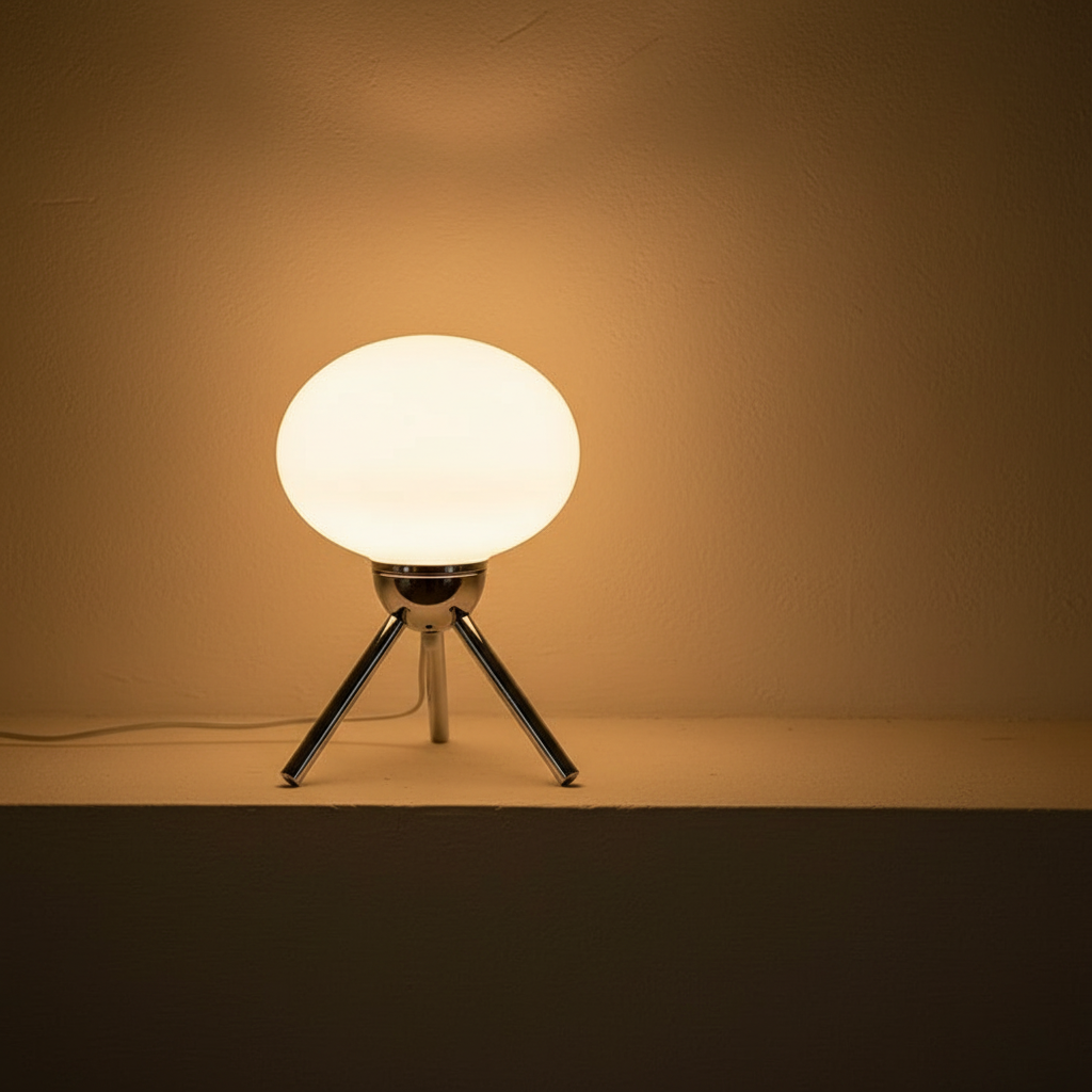 White Murano glass globe lamp in a chrome tripod cradle, lit