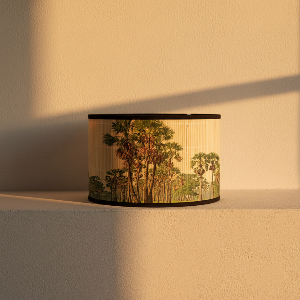 Drum lampshade printed with palm trees, shown on its own