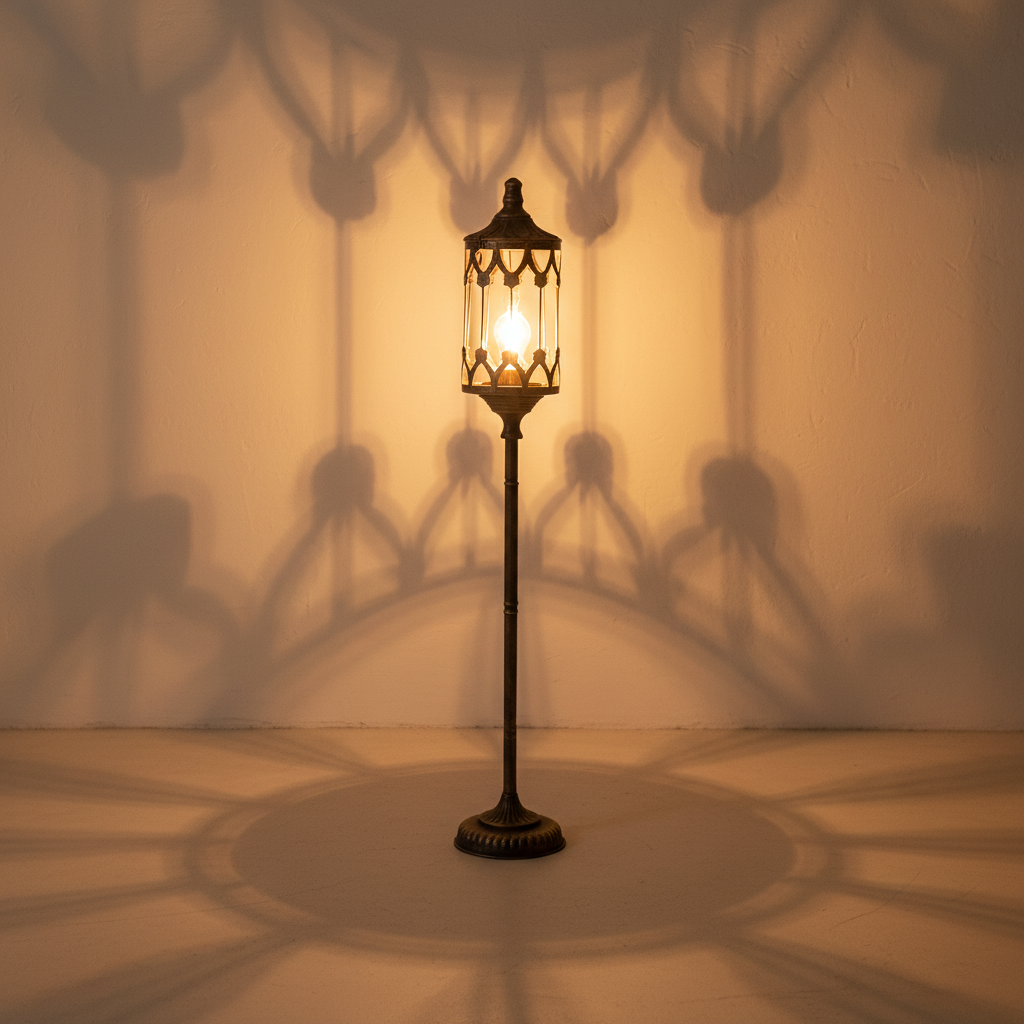 Antique bronze lantern floor lamp throwing patterned light