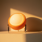 Orange glass globe lamp lit, white inner globe glowing