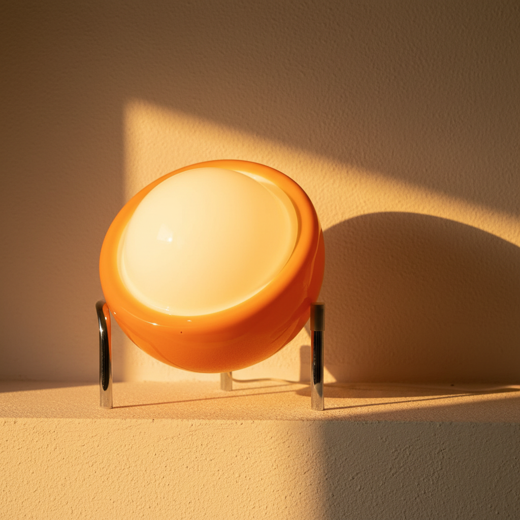 Orange glass globe lamp lit, white inner globe glowing