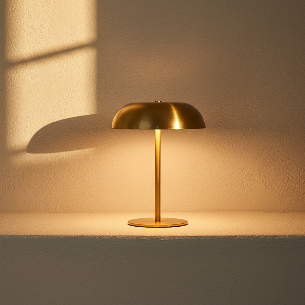 Brass dome table lamp lit, casting a warm pool of light