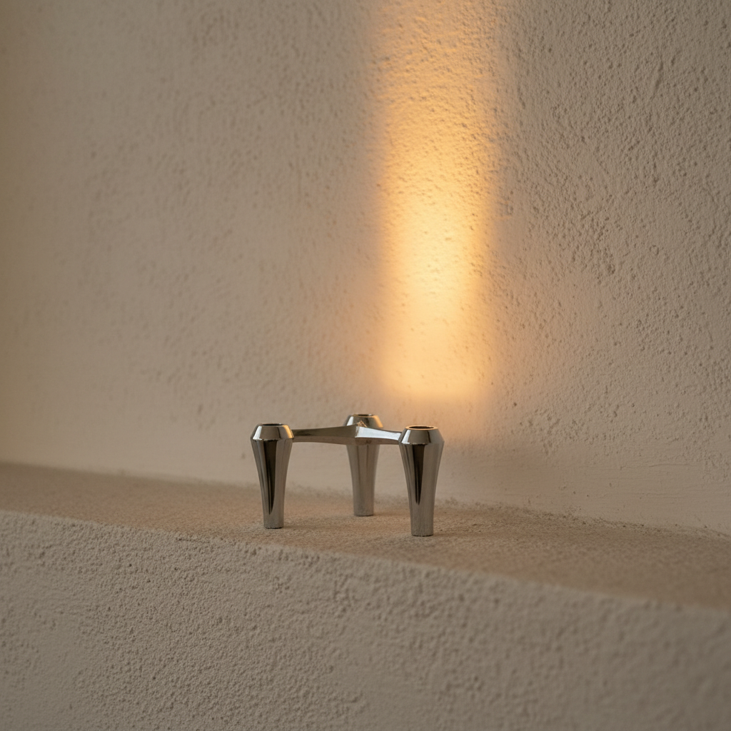 Miniature chrome tripod uplight casting a beam up the wall
