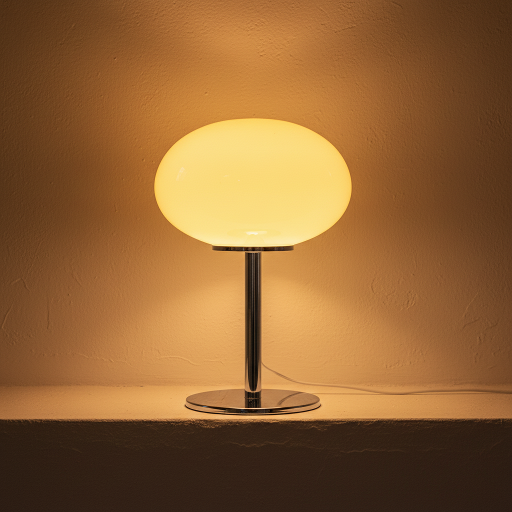 Yellow glass bedside lamp glowing on a chrome stem