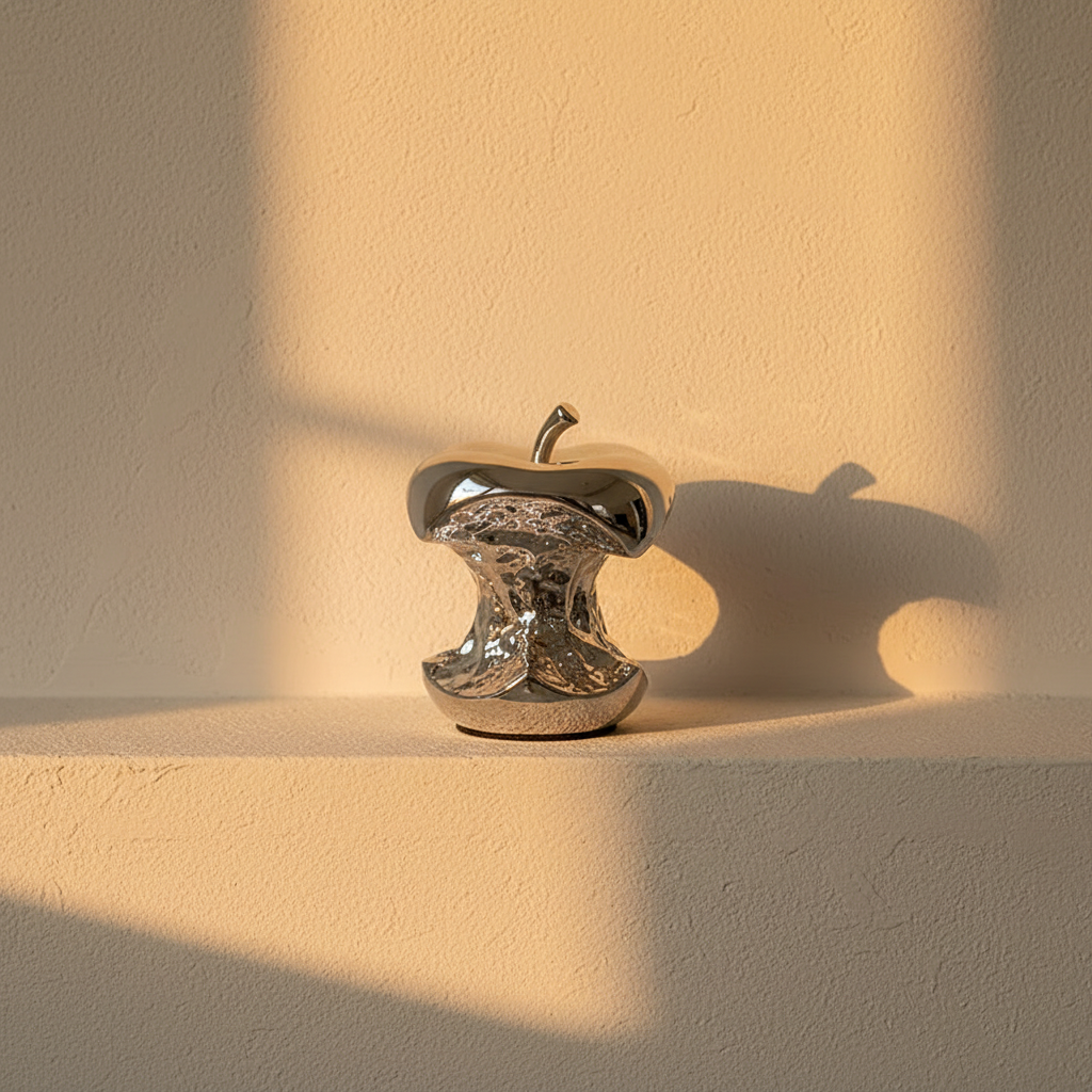 Mirror-polished silver apple core sculpture