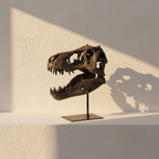 Tyrannosaur skull replica on a black museum stand