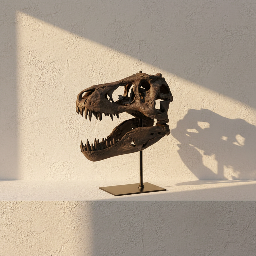 Tyrannosaur skull replica on a black museum stand