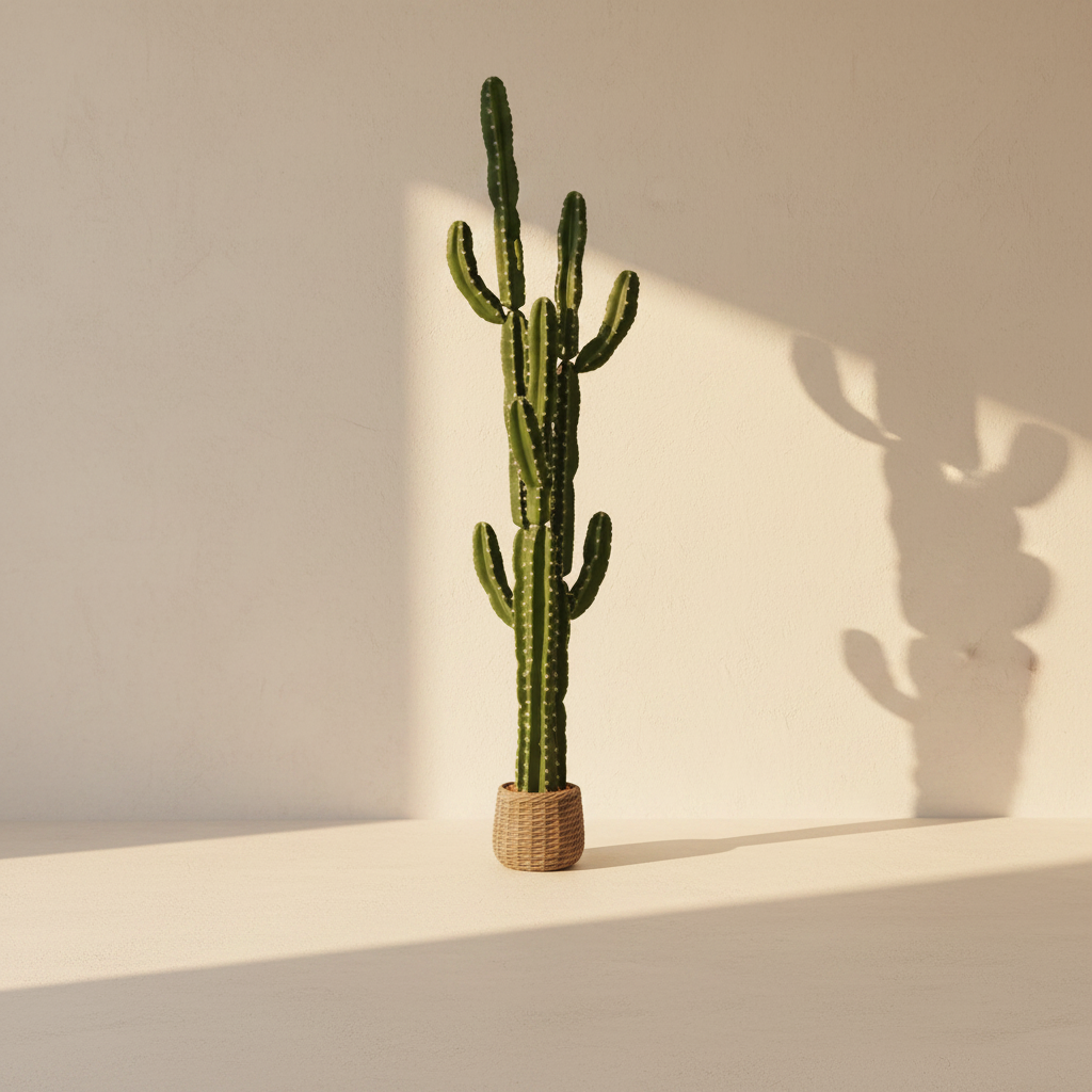 Tall faux column cactus in a woven basket