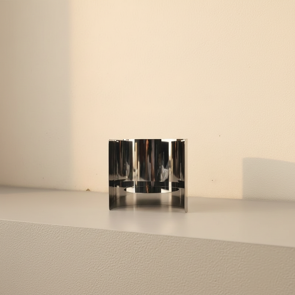 Mirror-polished steel sculpture folded into vertical ripples