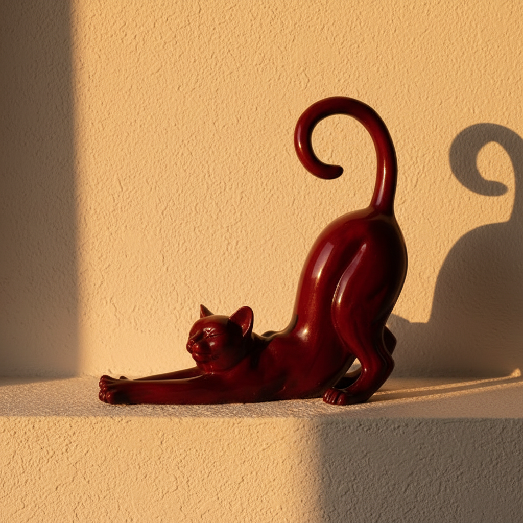 Glossy red abstract cat figure on a plaster ledge