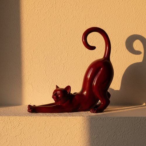Glossy red abstract cat figure on a plaster ledge