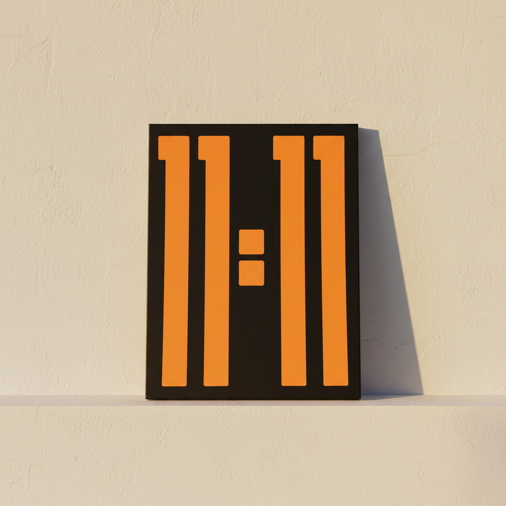 Orange bars on a black ground, unframed canvas leaning on plaster