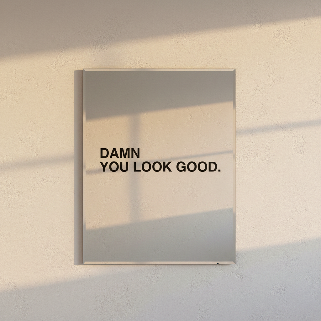 Black vinyl decal reading Damn You Look Good applied to a mirror