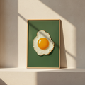 Fried egg photographed against deep green, leaning on plaster