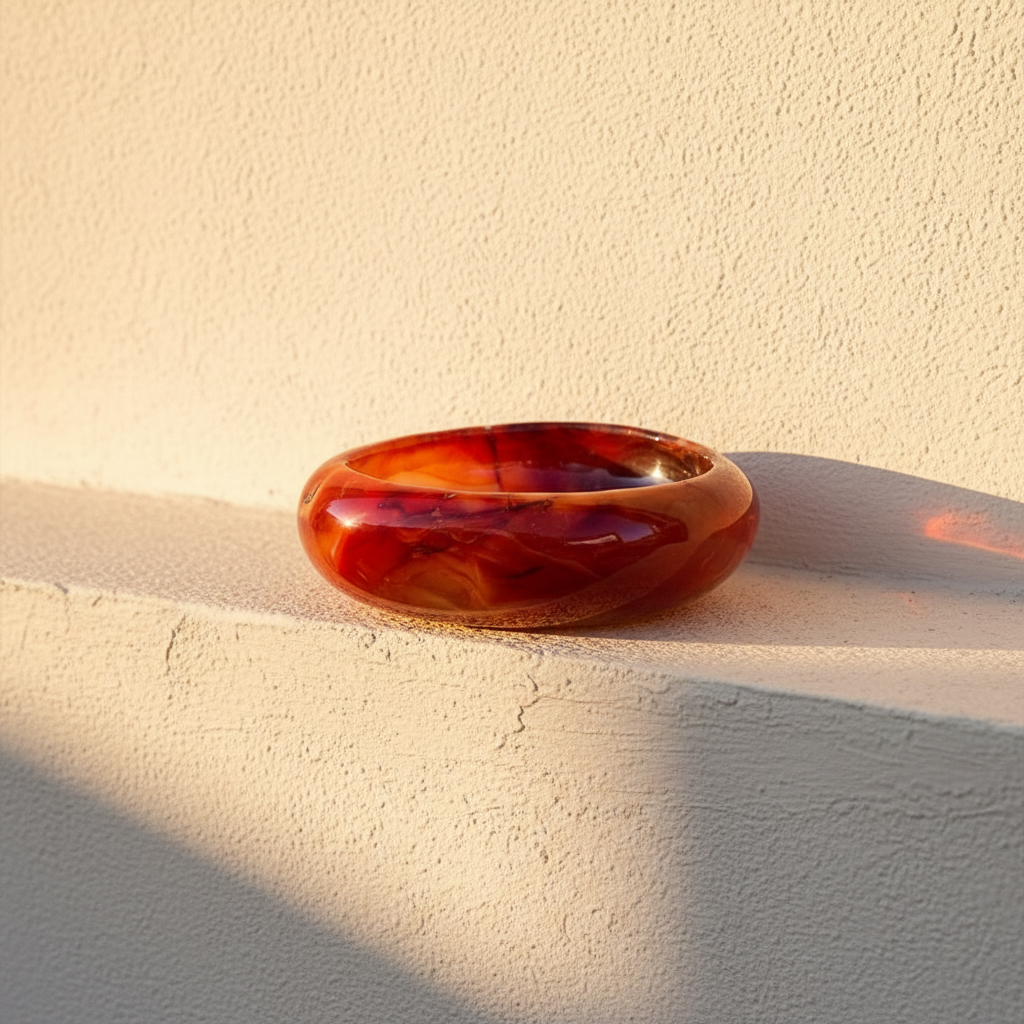 Swirled red and amber glass dish banded like a cut agate