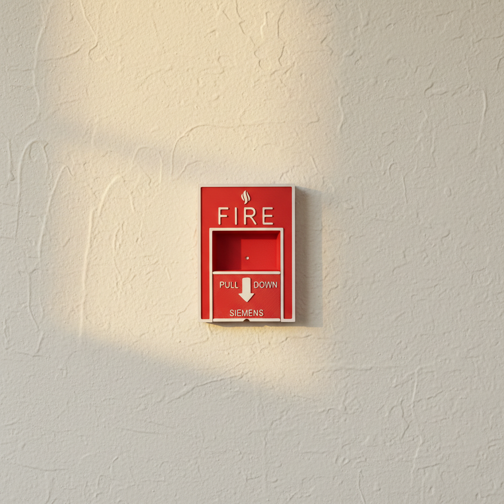 Red fire alarm style light switch cover on a plaster wall