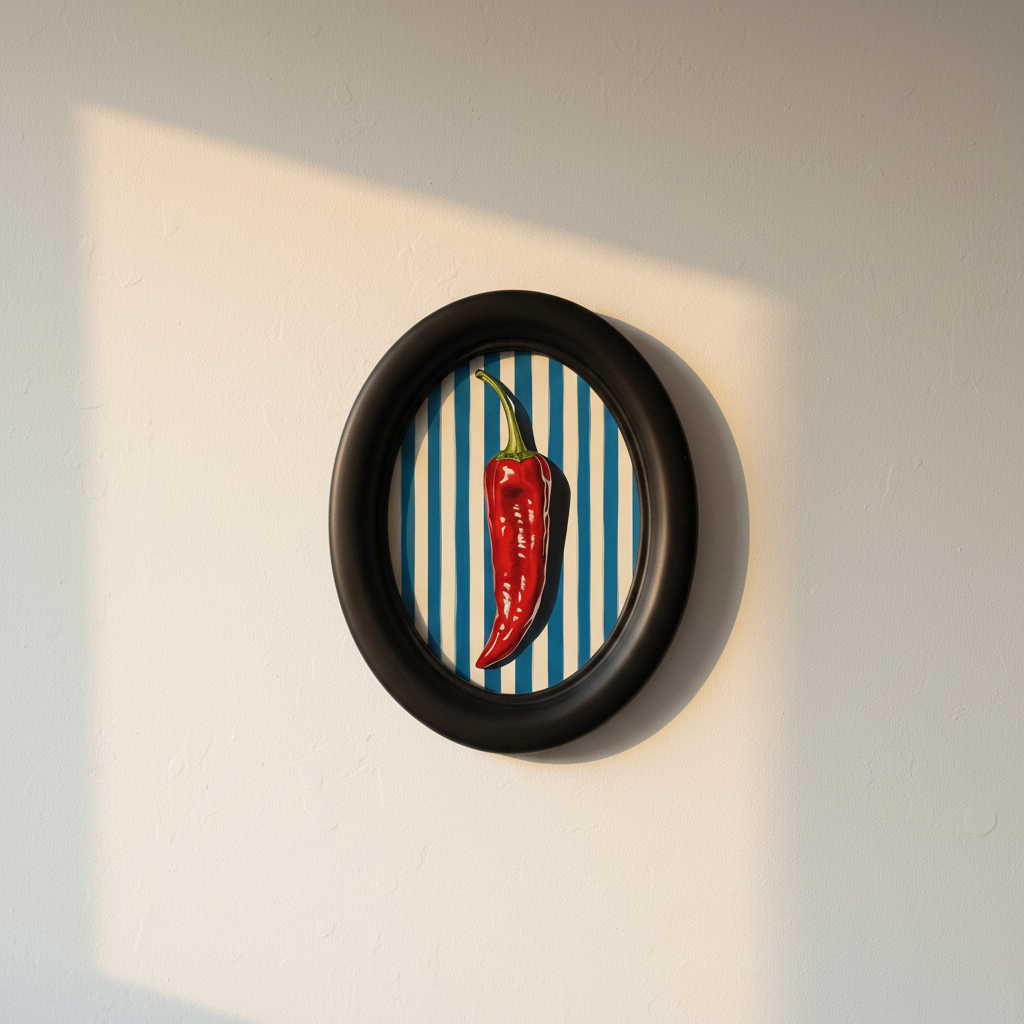 Red chilli on blue and white stripes in a black oval frame