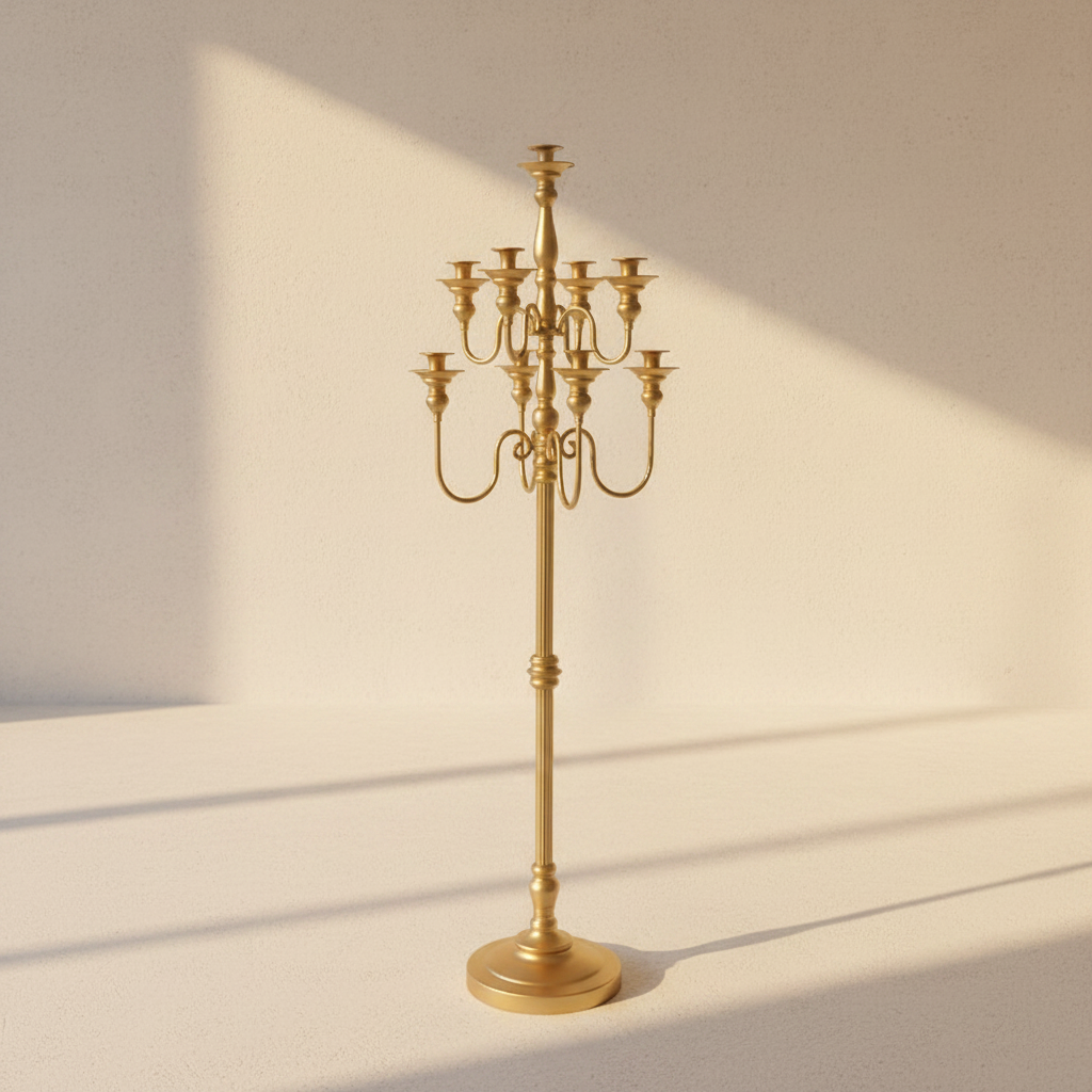 Tall brass floor candelabra with a tiered crown of cups