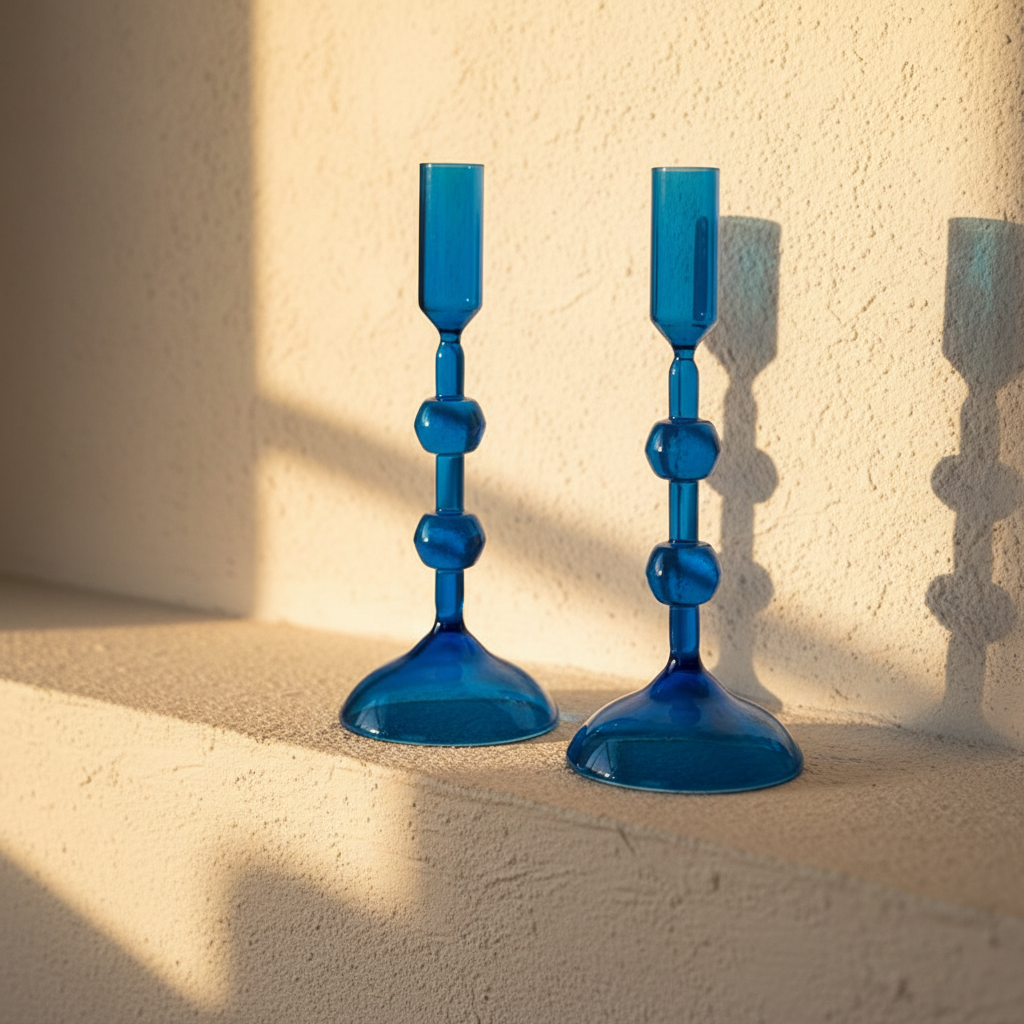 A pair of cobalt glass candlesticks with stacked sphere stems
