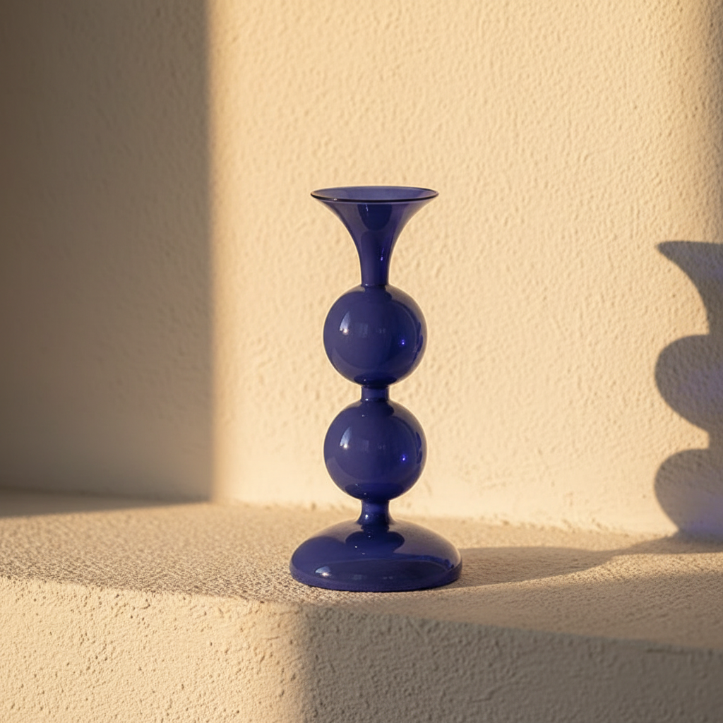 Blue-violet glass candlestick with a bulbous turned stem