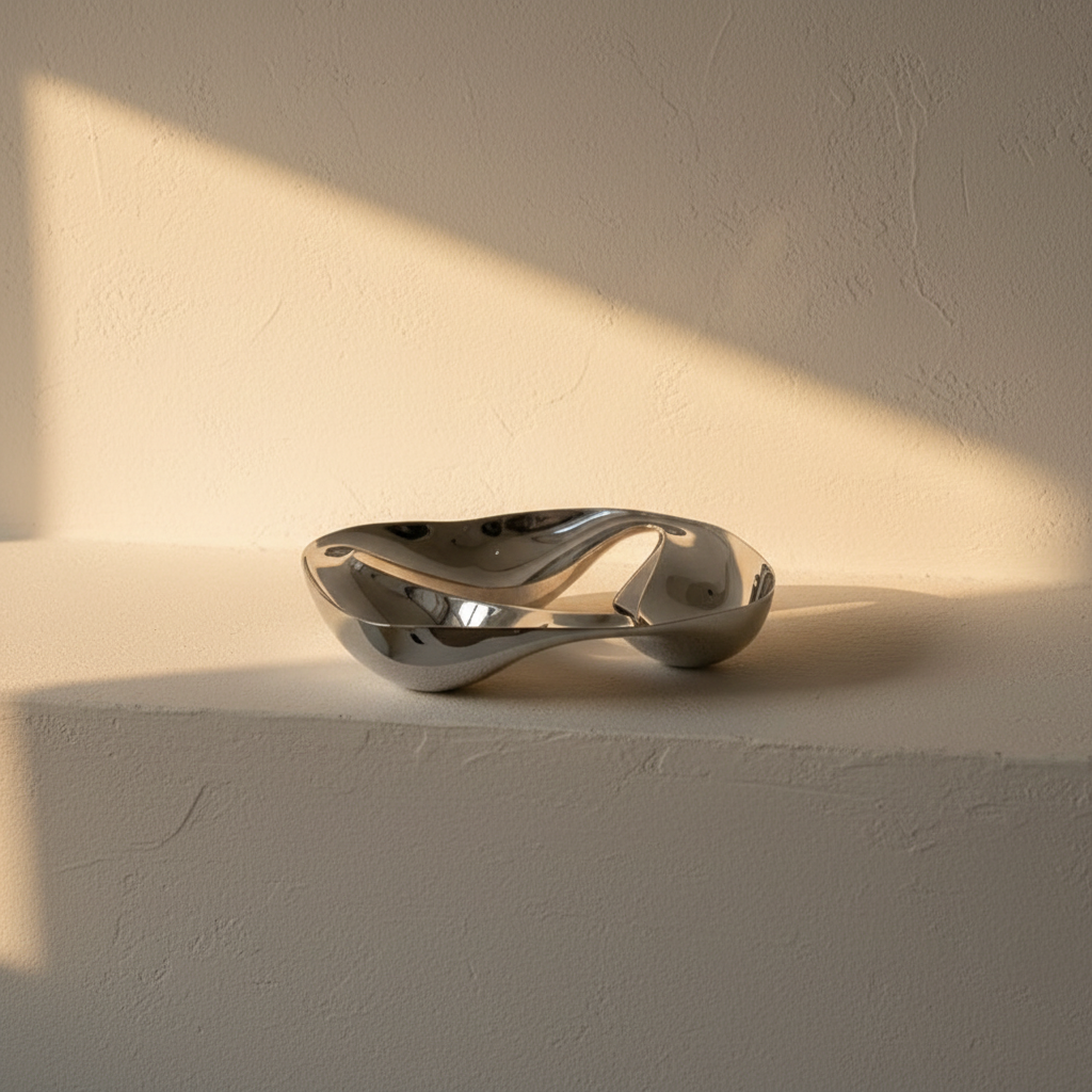 Mirror-polished silver tray in a soft amoeba outline