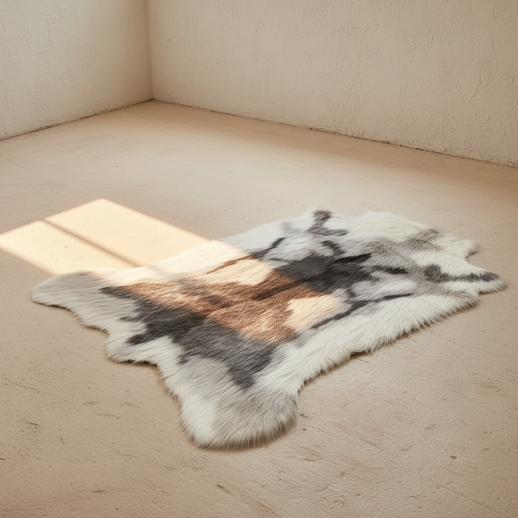 Irregular hide-shaped faux fur rug in grey and cream