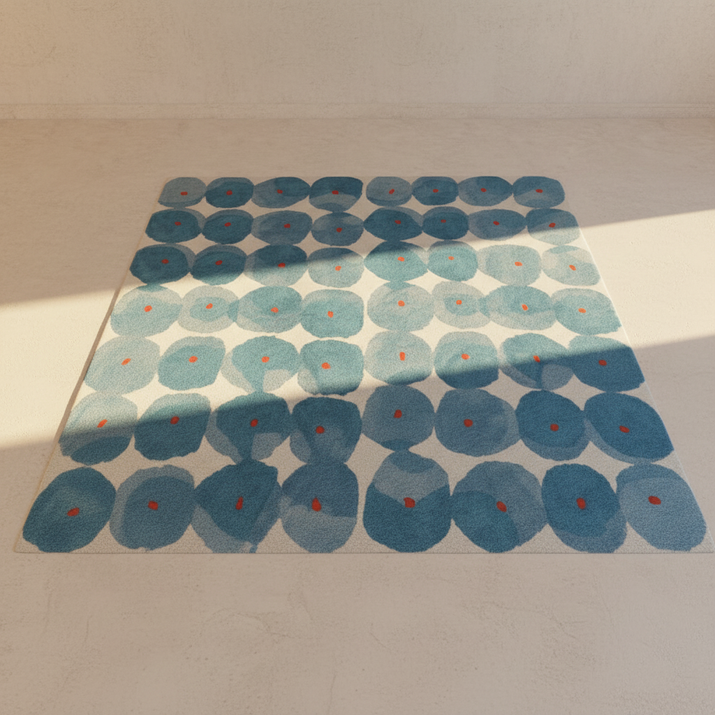 Large rug scattered with soft blue pebble shapes