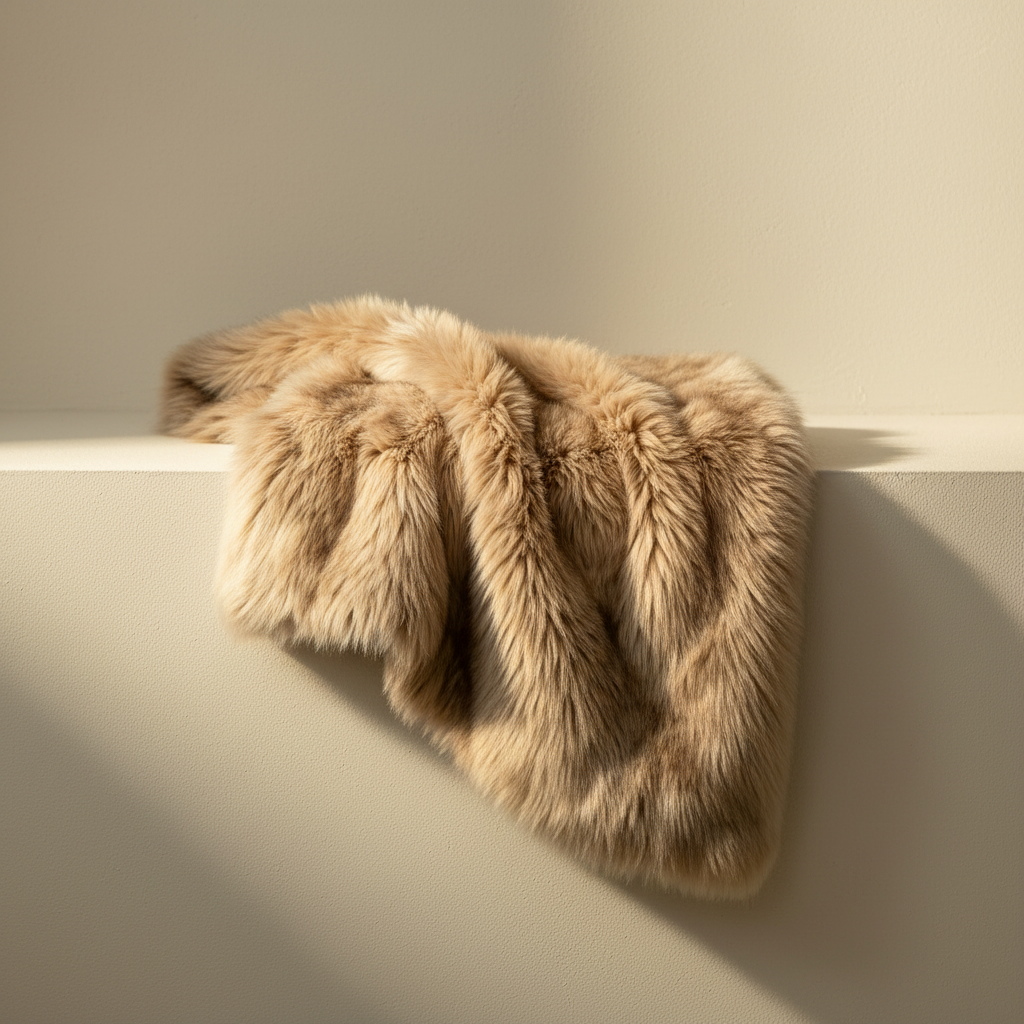 Long-pile faux fur throw draped over a plaster ledge