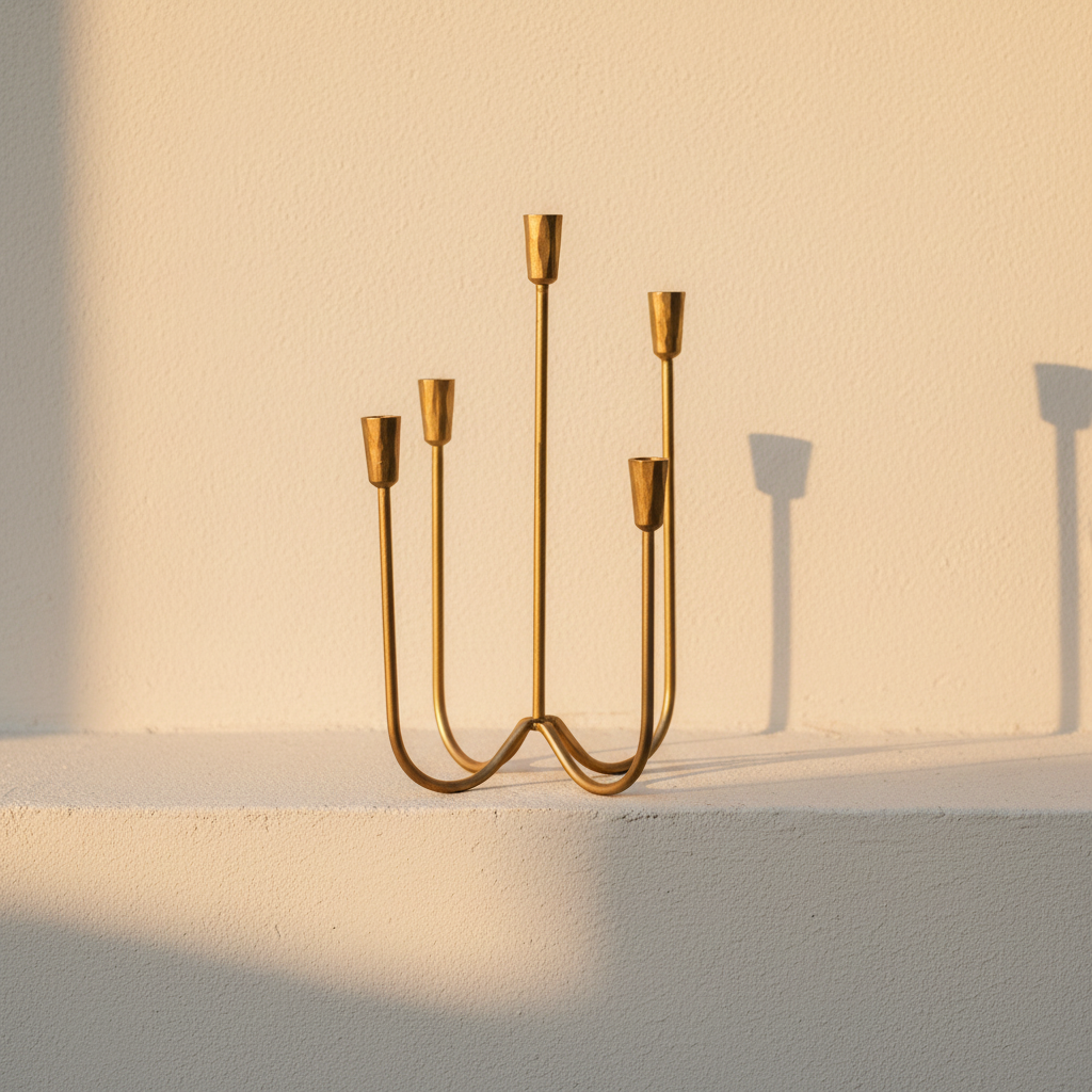 Brass candelabra with five arms at staggered heights
