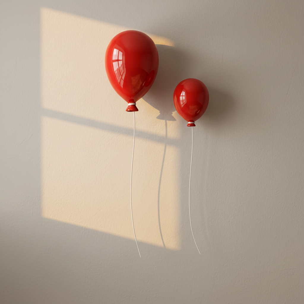 Pair of glossy red balloon wall sculptures on a plaster wall in golden-hour light