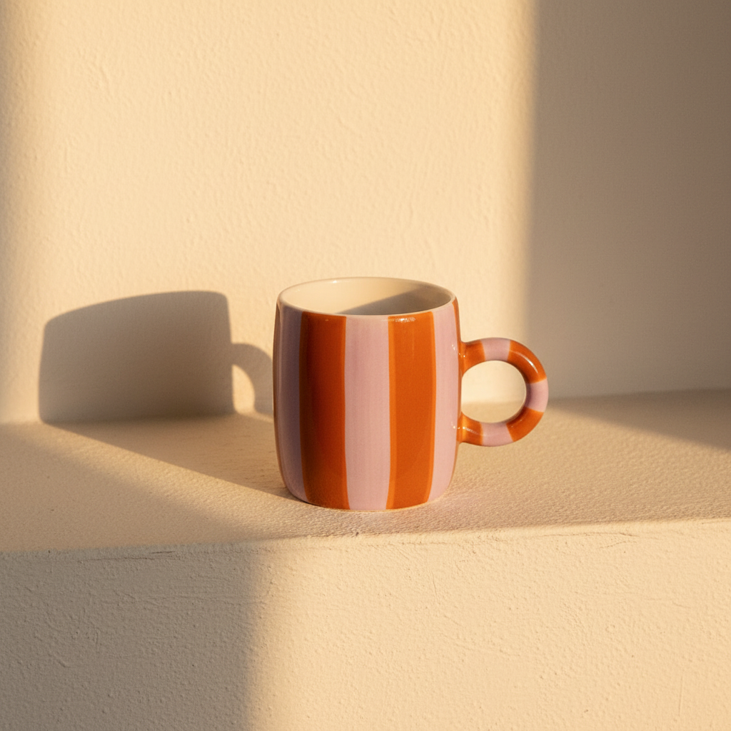 Striped ceramic mug in rust and cream with a ring handle, on warm plaster