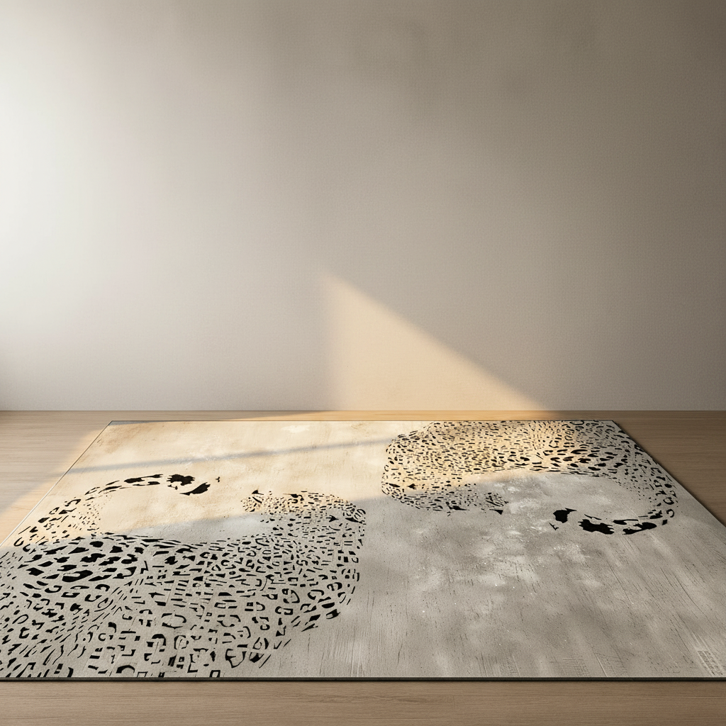 Spotted hide rug in cream and black lying on pale oak floorboards