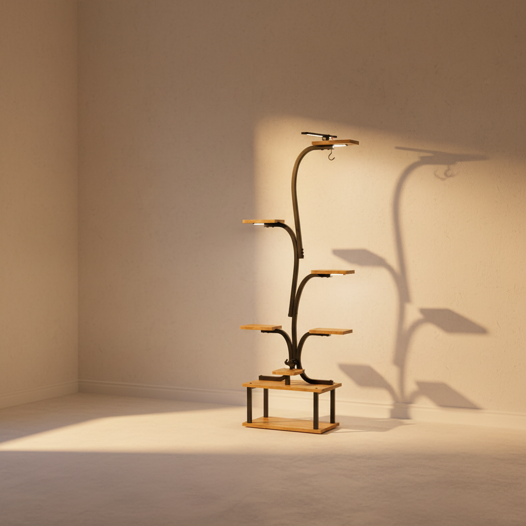 Tiered plant stand in black steel and wood with grow lights, in an empty plaster room