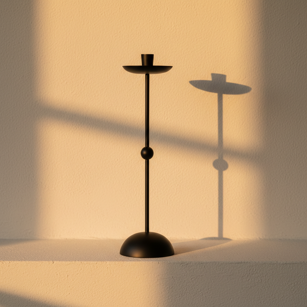 Tall black stacked candle holder on a limewash plaster ledge in golden-hour light