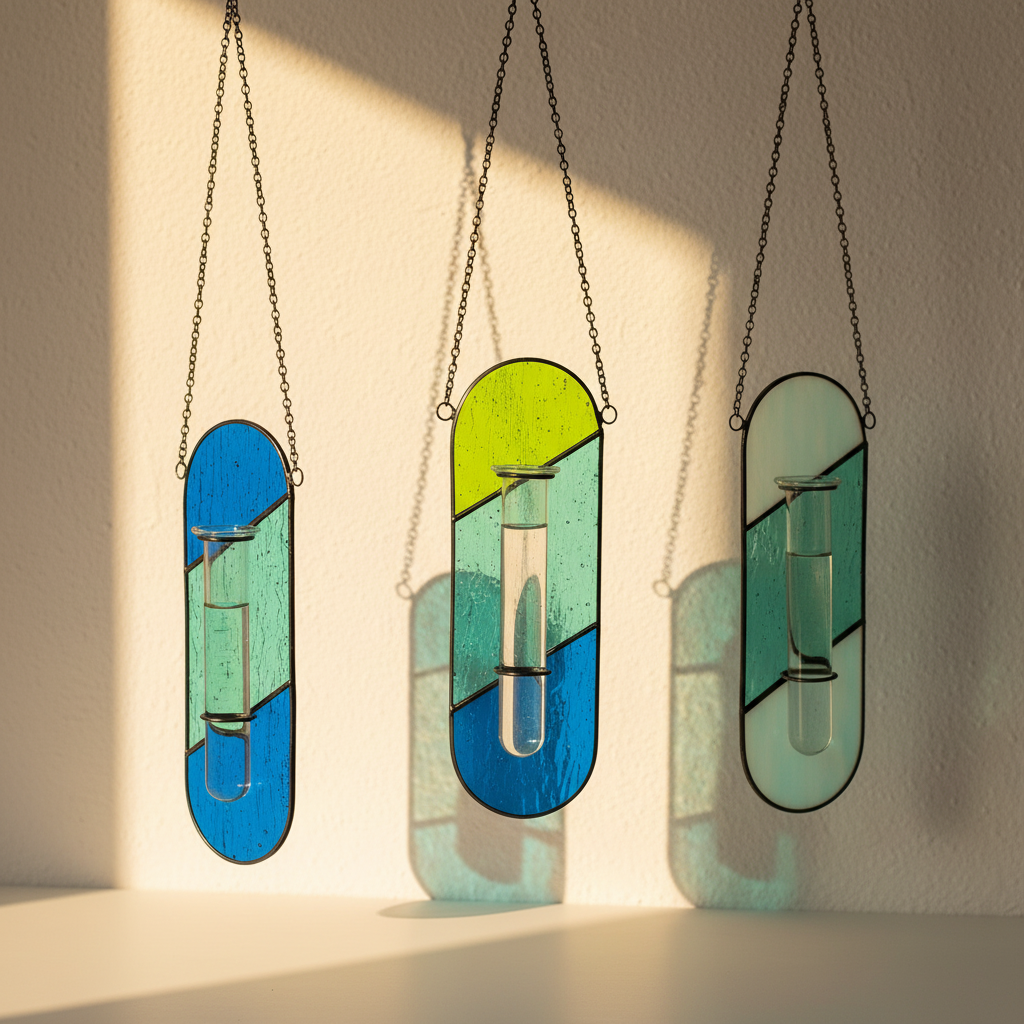 Hanging propagation vases in tinted acrylic with glass tubes, against warm plaster