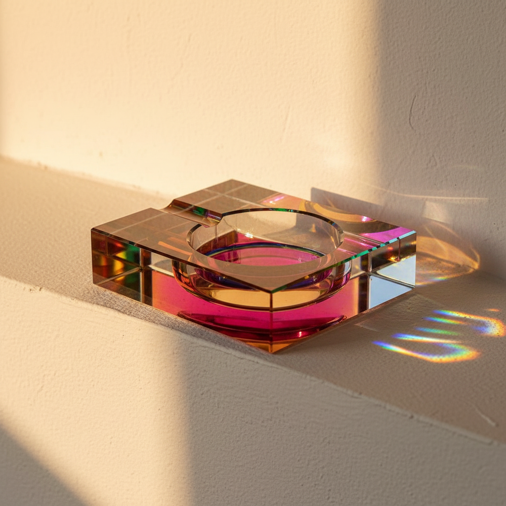 Iridescent glass ashtray refracting rainbow light on a plaster ledge