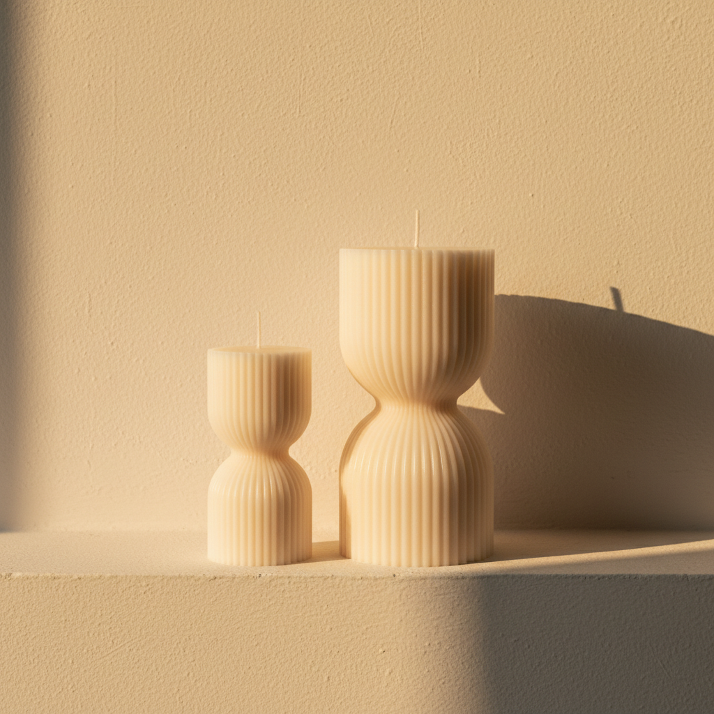 Pair of ribbed pillar candles in off-white wax on a plaster ledge