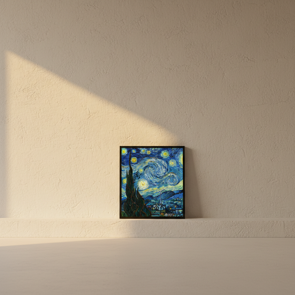 Backlit starry night light panel leaning on a plaster ledge