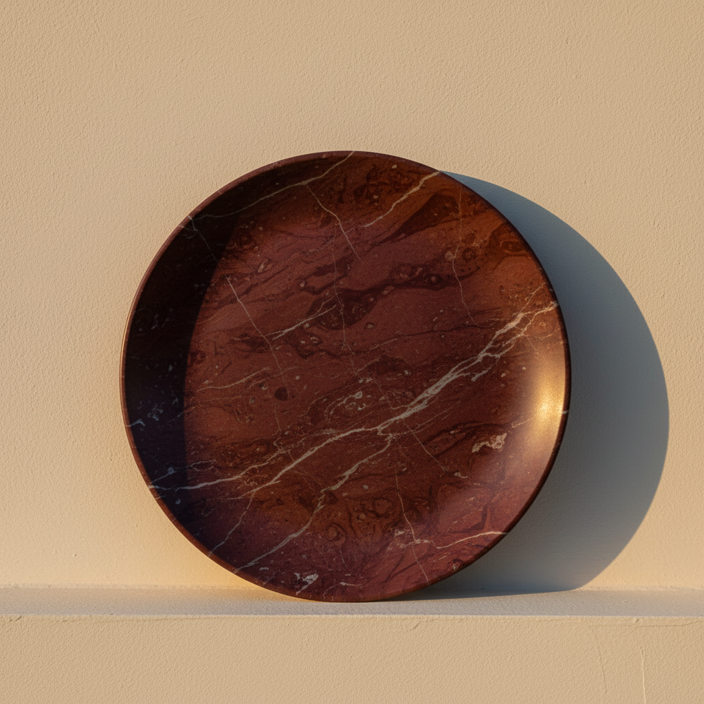 Red marble serving plate propped on a limewash plaster ledge in golden-hour light