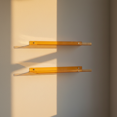 Pair of orange acrylic floating shelves on a plaster wall