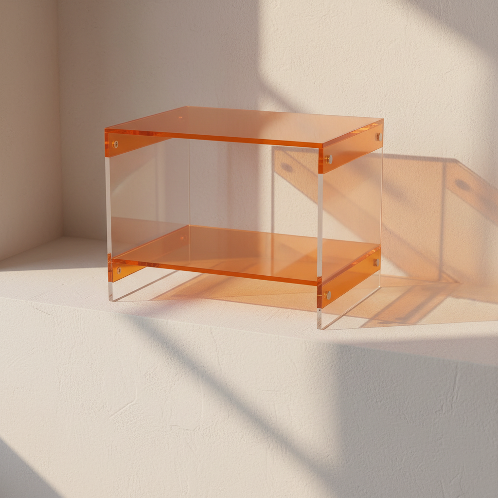 Two-tier orange acrylic desk shelf on a plaster ledge