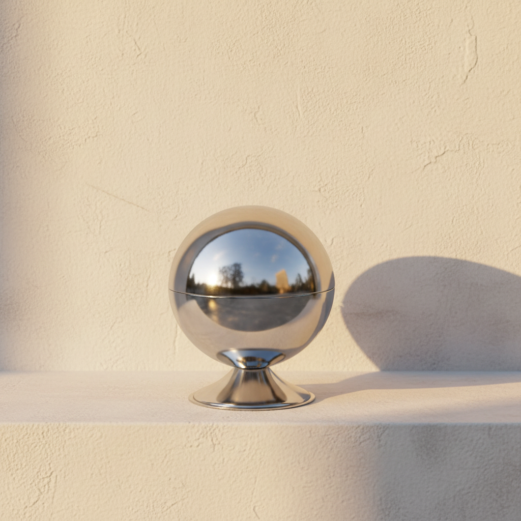 Mirror-polished chrome sphere storage jar on a plaster ledge
