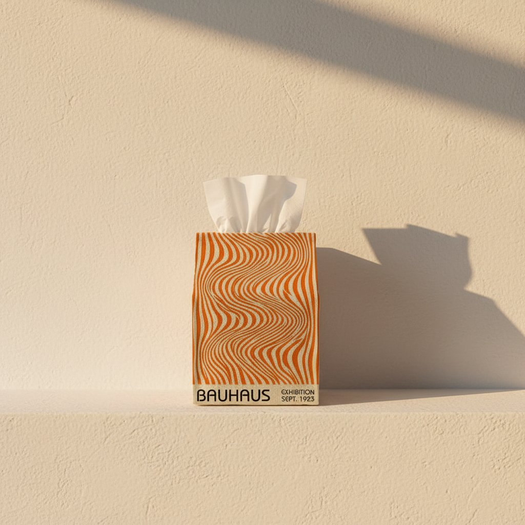 Bauhaus wave print tissue box on a limewash plaster ledge