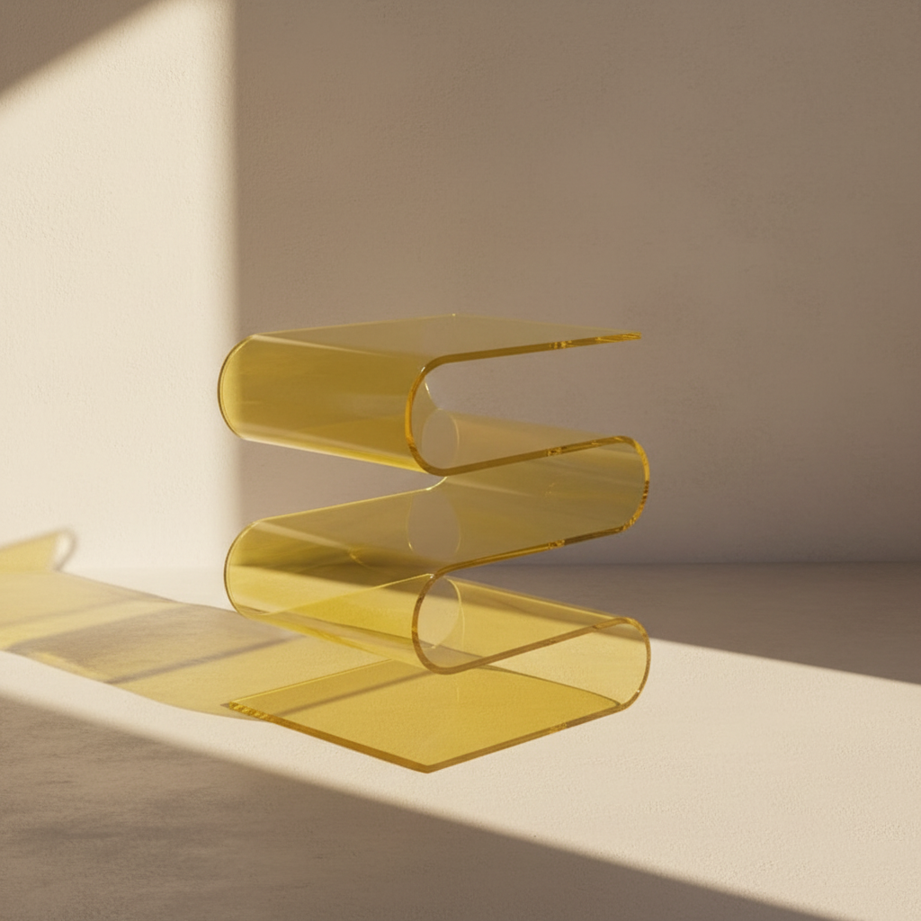 Yellow S-curve acrylic side table in an empty plaster room
