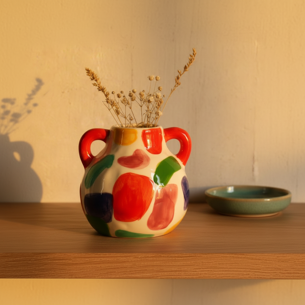 Confetti Glaze Vase on a pale oak shelf with short stems in warm afternoon light