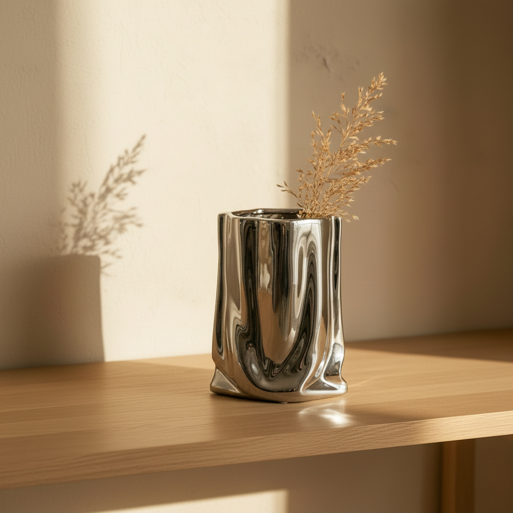 Crumpled Chrome Vase on a pale oak console with dried grasses in warm afternoon light