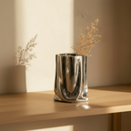Crumpled Chrome Vase on a pale oak console with dried grasses in warm afternoon light