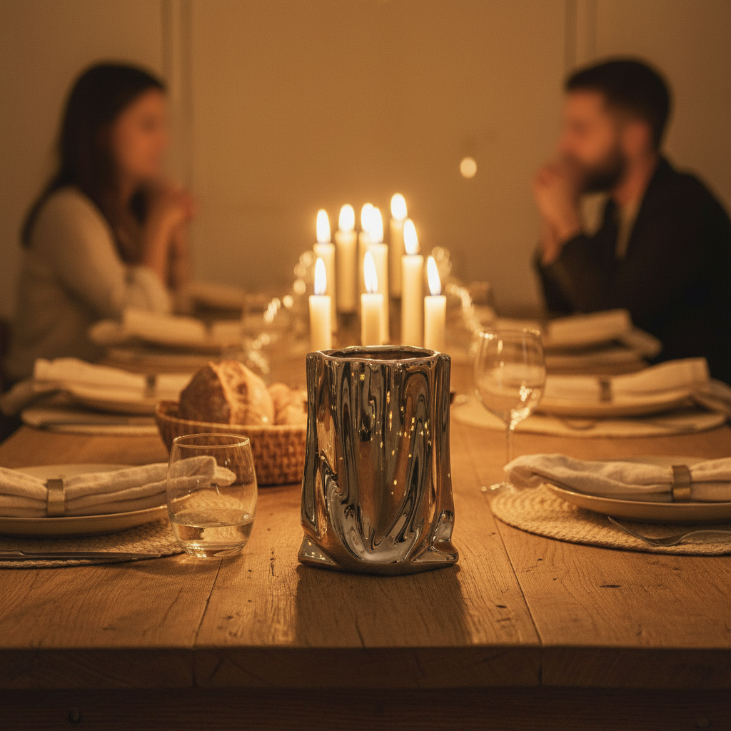 The crumpled chrome vase as a centrepiece on a candlelit family dinner table